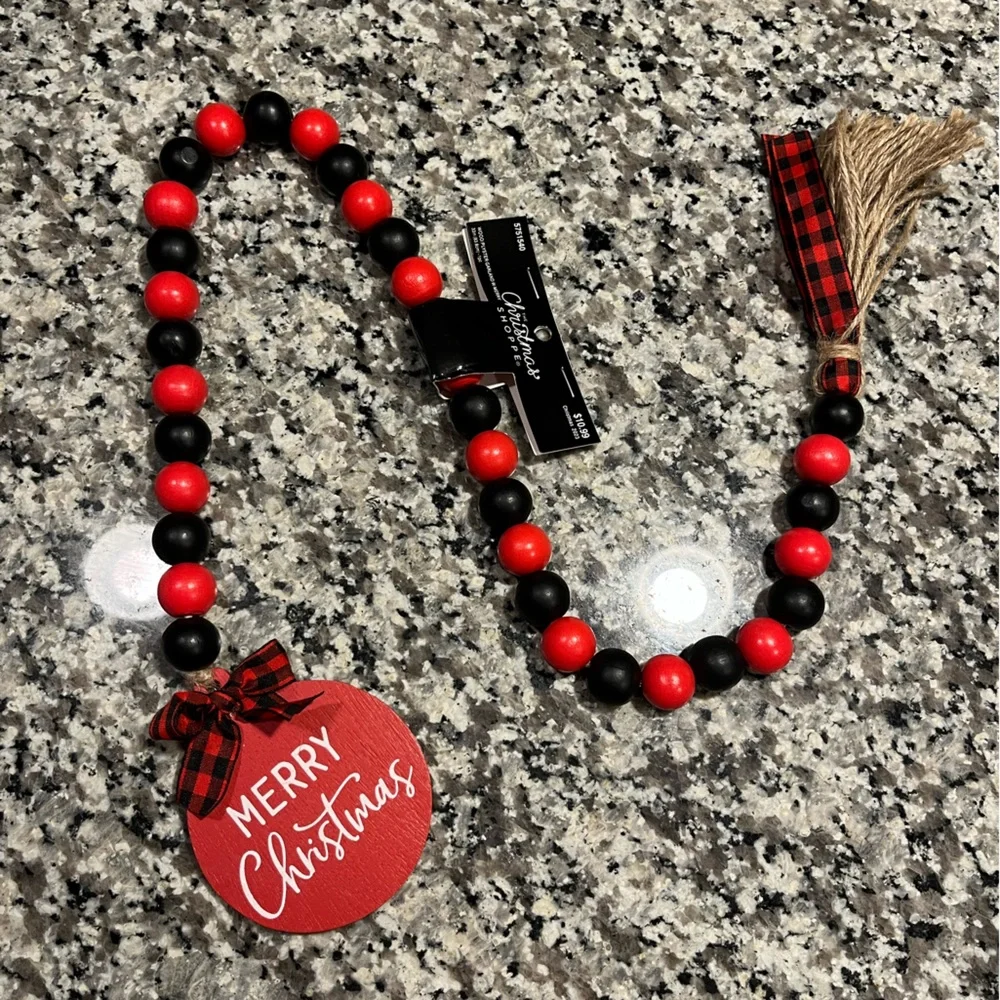 New! Red and black decorative decor, merry Christmas wooden bead garland
